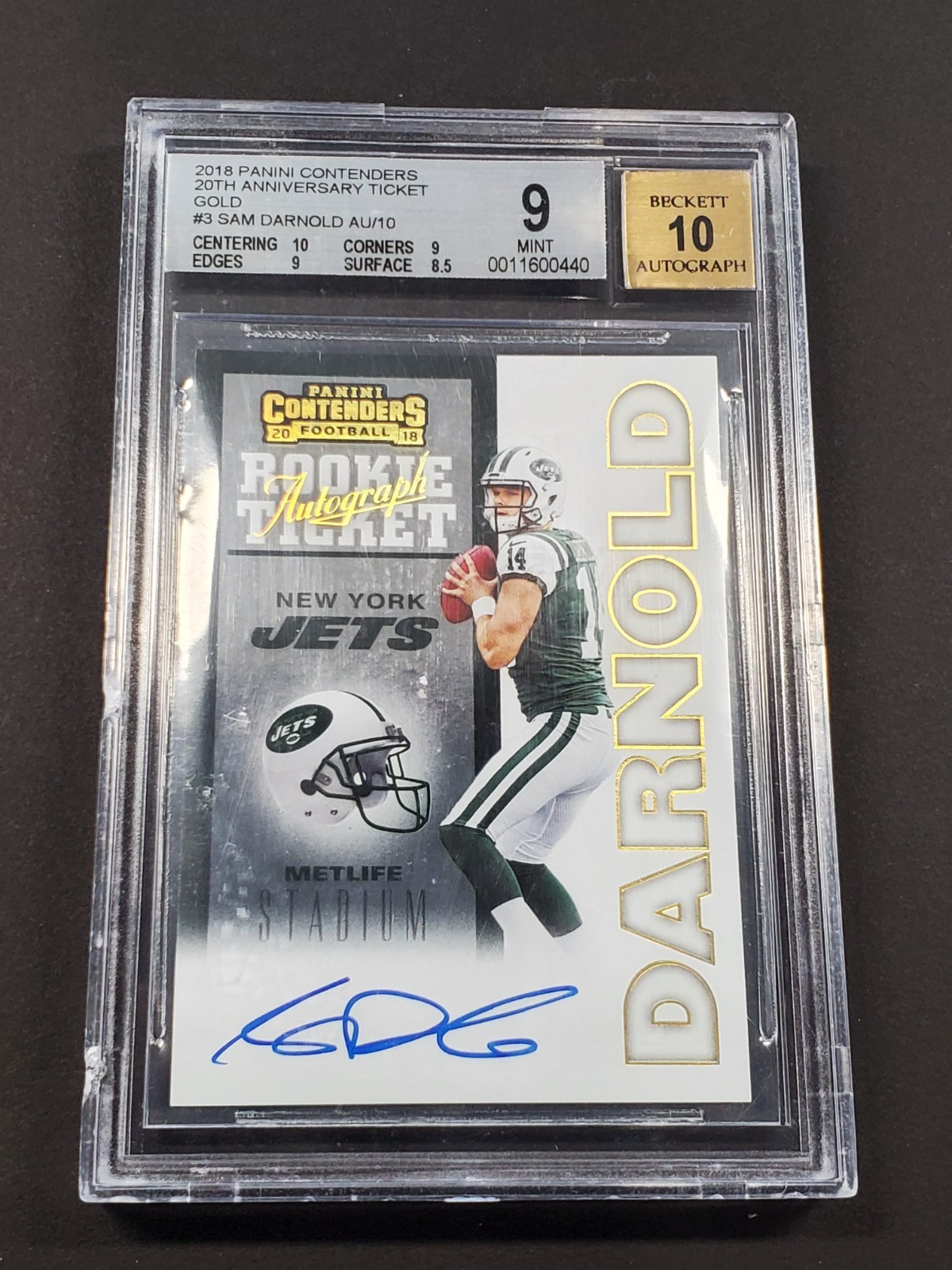 2018 PANINI CONTENDERS SAM DARNOLD GOLD ROOKIE TICKET AUTO SIGNATURE #3/10 BGS 9