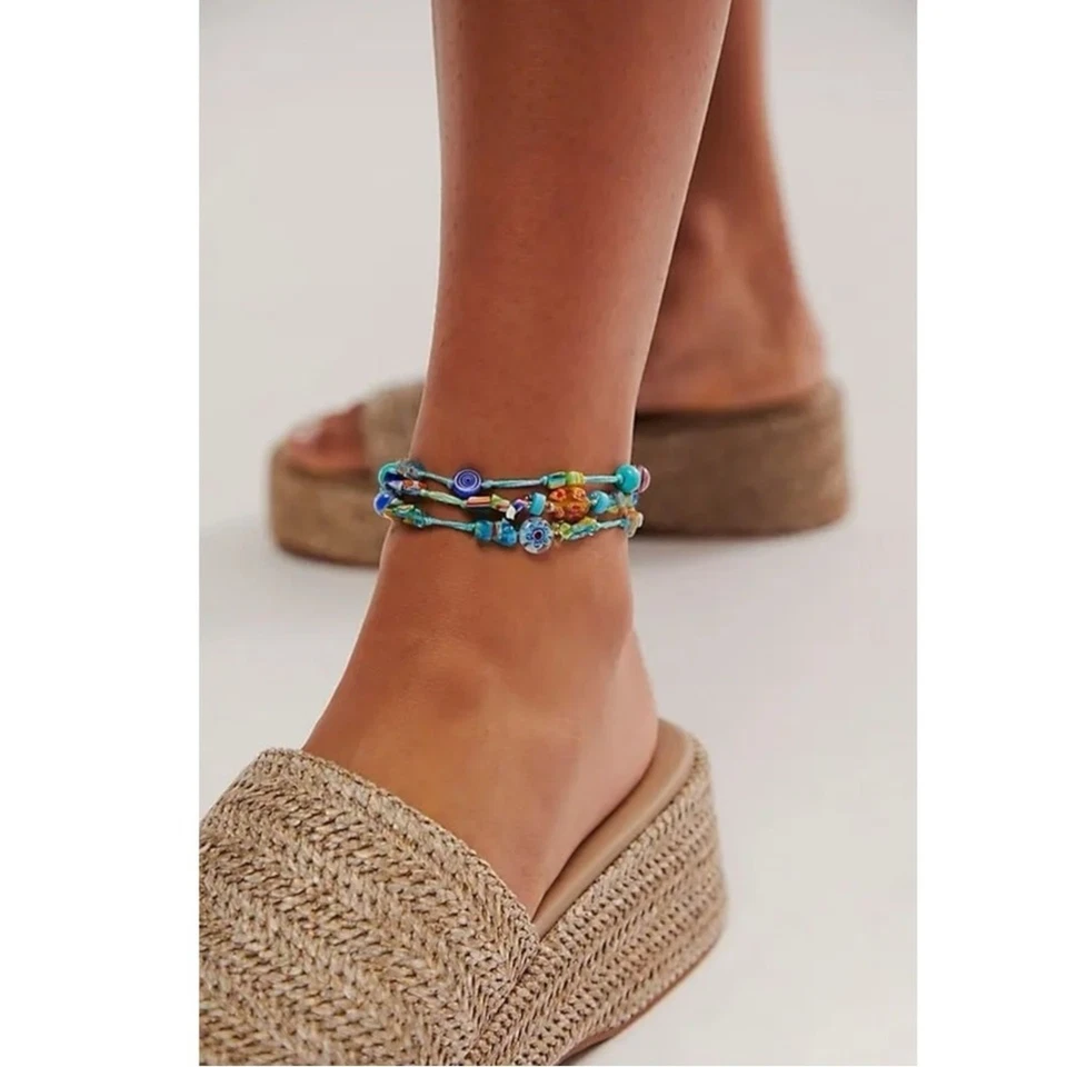 Free People Ariana Ost Marathon Anklet Neon Pop Turquoise Beaded Layered Glass - Image 4 of 4