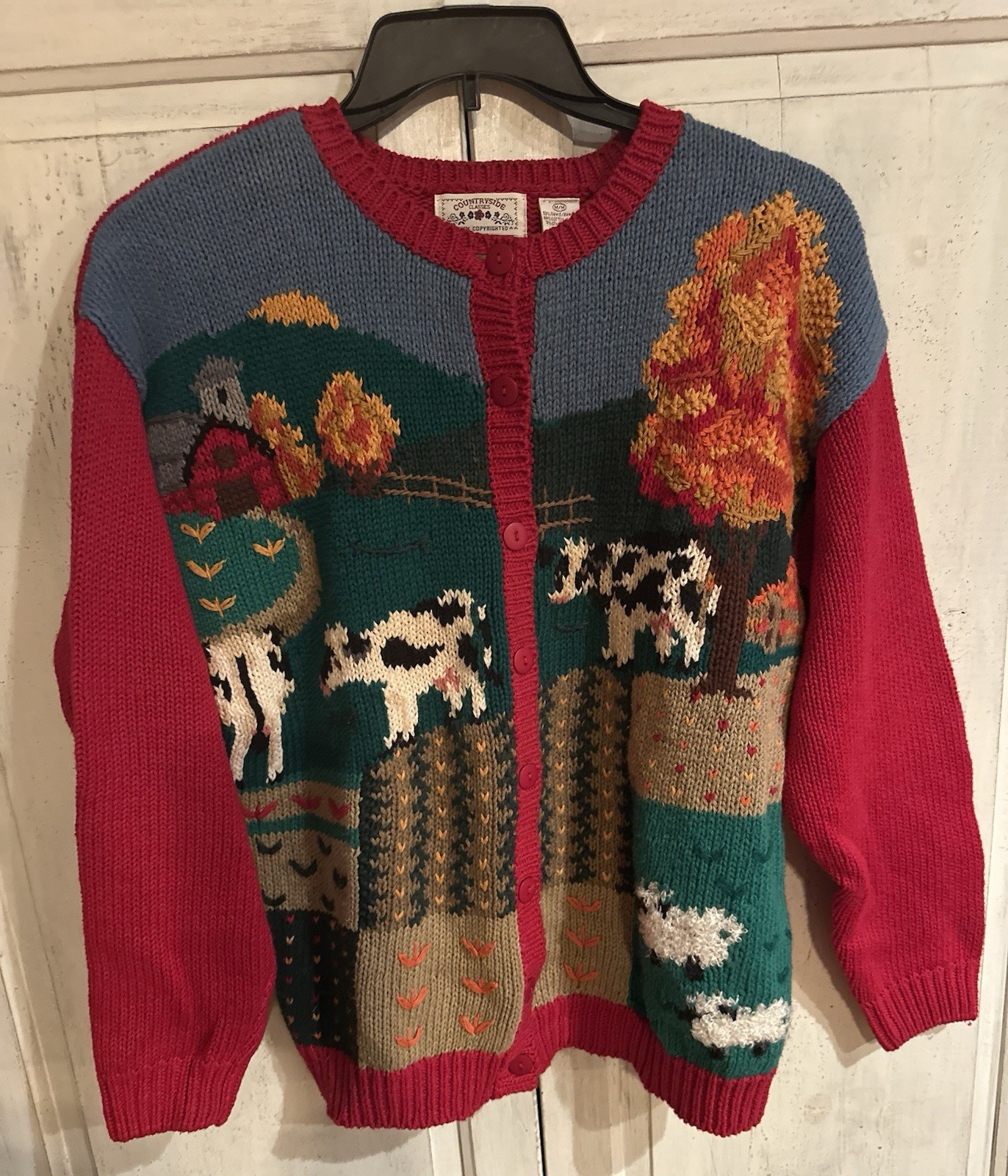 Vintage 1990’s Countryside Classic Farm Scene Cardigan Sweater M Hand Knitted