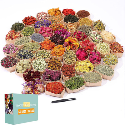 Dried Flowers, 50 Bags 100% Natural Dried Herbs Kit for Soap Making, Candle, Res