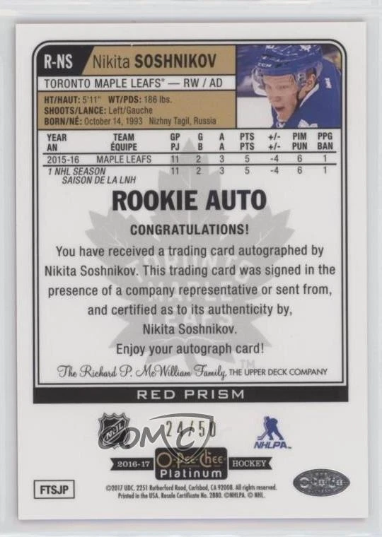 2016-17 O-Pee-Chee Platinum Rookie Red Prism /50 Nikita Soshnikov #R-NS Auto RC - Image 2 of 2