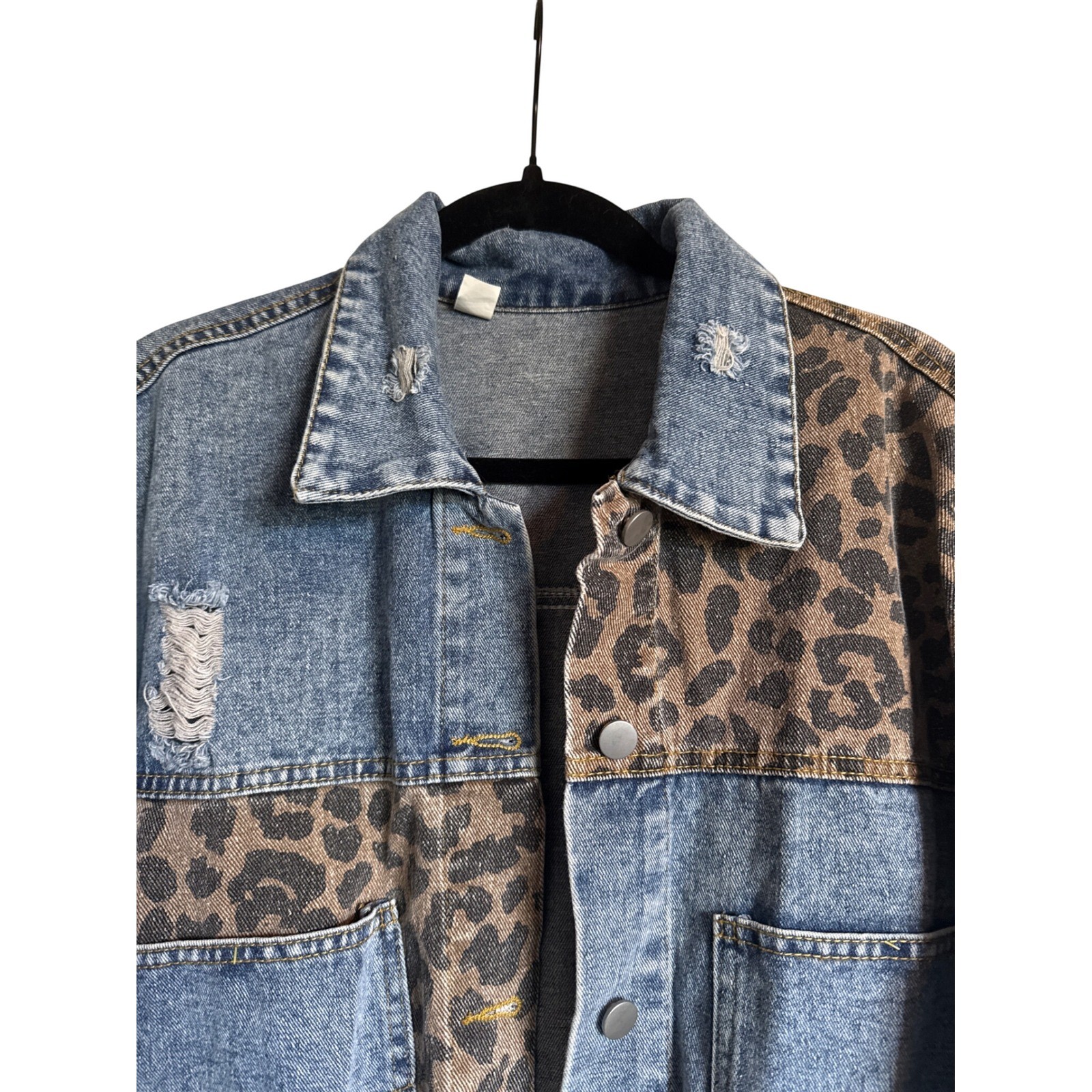 Distressed Denim Jacket Leopard Print Patchwork W… - image 2