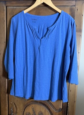 L.L. Bean Women s 1X Plus Blue Cotton Split Neckline 3/4 Sleeve Pin Tucking Top