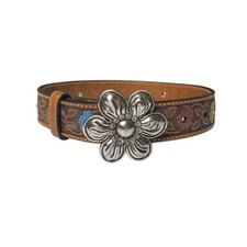 Vintage Nocona Girls Size 18 Leather Floral Painted Belt Silver Floral Buckle