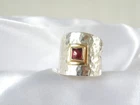 Vintage Sterling Silver 925 and 14K Gold Garnet Wide Band Ring Size 7.5