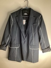 Zara Women s NWT Sz LgGray One Button Mid Length Blazer Career Professional