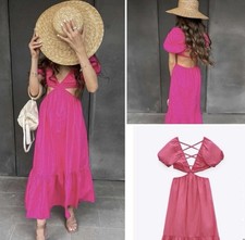 Zara Poplin Cut-Out Puff Sleeve Midi Dress Fuchsia Pink Size M