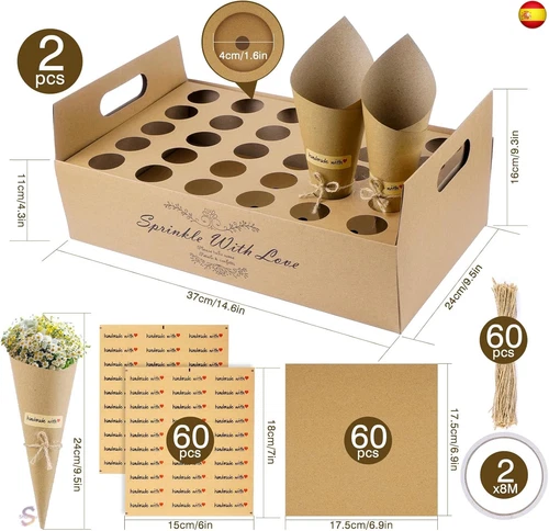 VORHOT 60 Piezas Conos Arroz Boda, Soporte Cucuruchos de Papel Kraft con 2 - Imagen 2 de 7