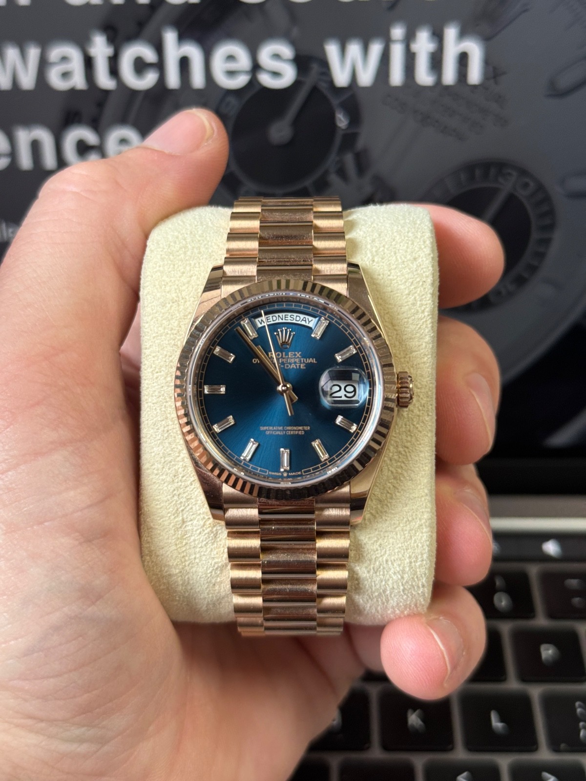 Rolex Day-Date 36 128235 18ct Everose Gold Blue Baguette Diamond Dial 2024
