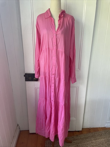 Antica Sartoria size AU 16  / XL Hot Pink Button Front Cotton Maxi Shirt Dress
