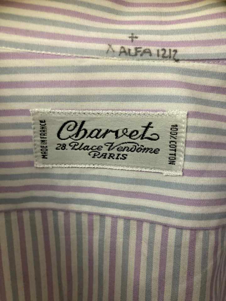 EUC CHARVET Dress Shirt Purple/Blue/White Striped 17.5/44 French Cuffs - Image 3 of 4