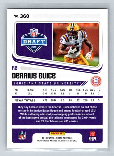 2018 Score Rookie RC #360 Derrius Guice LSU Tigers Football Card - Picture 2 of 2