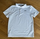 Under Armour Heat Gear Polo Golf Shirt Youth Large White Gray Stripe Logo YLG