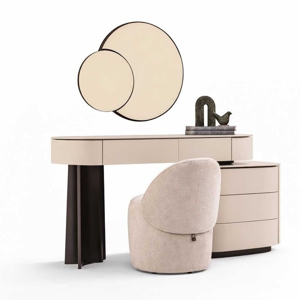 Designer Schminktisch Beige Mit Spiegel Und Hocker Modern Stil-image