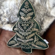 Green Velvet Christmas Fir Tree Cushion Pillow with Gold Embroidery beaded