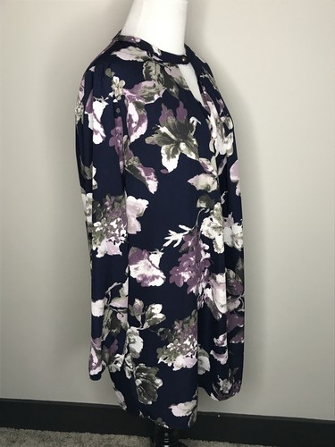 Blue Floral Dress Flowy Keyhole Neck Pleated Peach Love Cali V Back - Picture 4 of 8
