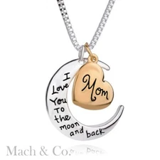 Mom I love You to The Moon And Back Heart Moon Pendant Necklace