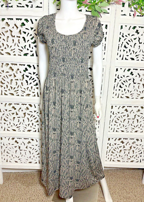 Lapogee Women's Black Taupe Print Smock Bodice Maxi Dress Size Medium