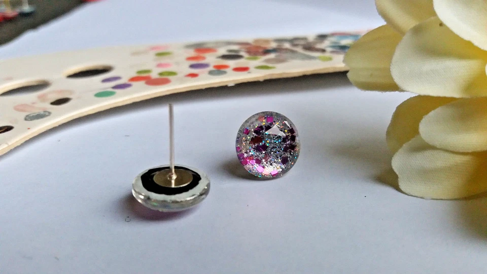 Ohrstecker Cabochon Silber Glitzer Glas Pink Rosa Handgemacht Ohrring Rot 47 - Bild 4 von 4