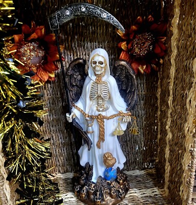 SANTA MUERTE WHITE 12'' HOLY DEATH STATUE/ WITH WINGS  GRIM REAPER