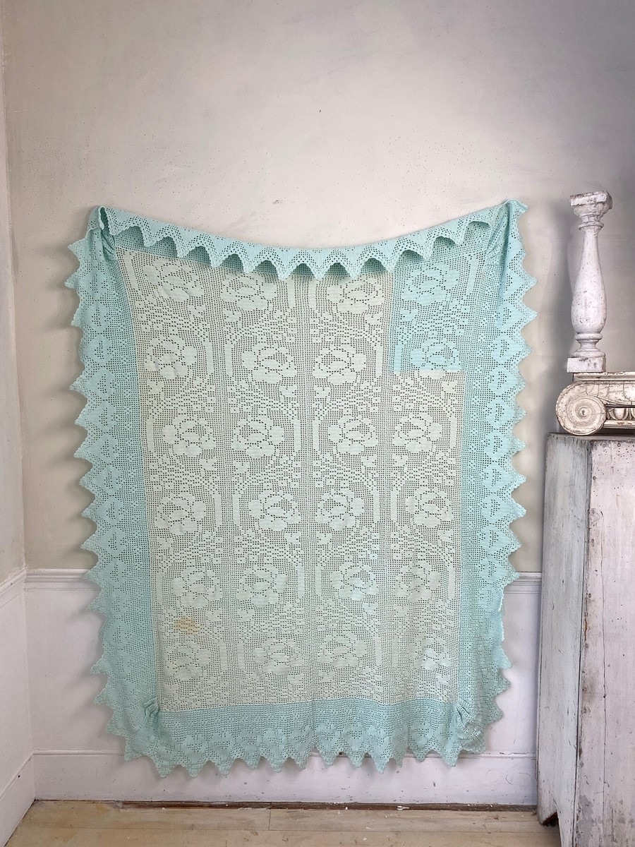 Pale Blue dyed Antique French crocheted textile Crochet bed cover