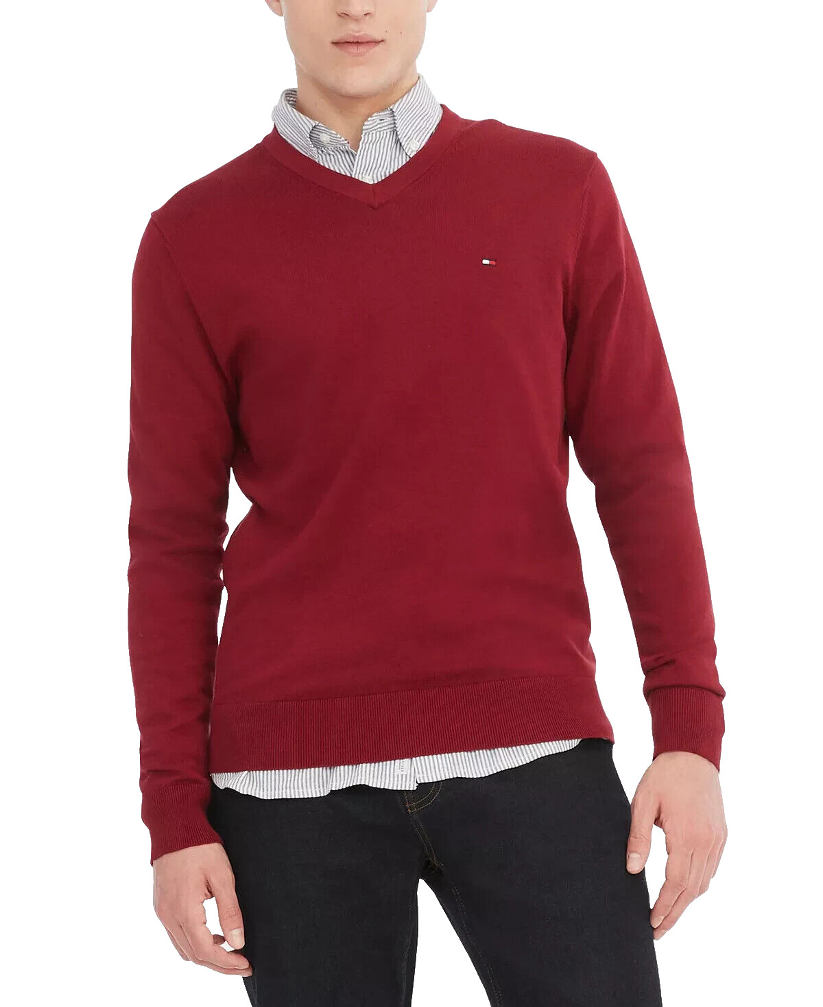 TOMMY HILFIGER Men's Essential Solid V-Neck Sweater Rouge Pick Size image 4
