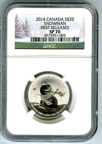 2014 $20 CANADA SILVER SNOWMAN NGC SP70 FIRST RELEASES HOLIDAY LABEL 1/4 OUNCE