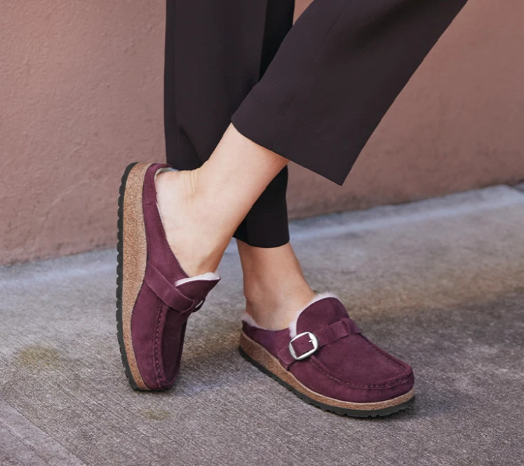 Birkenstock Women s Buckley Shearling Suede Leather Wine Sandal