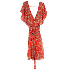 Forever 21 Floral Dress Womens 2X Orange Double V Neck Feminine Ruffle Fairy