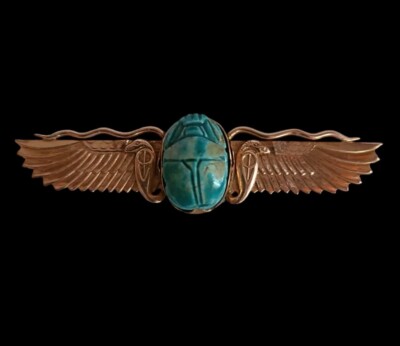 Egyptian Winged Scarab Brooch Set In 14K Rose Gold - Revival Pre 1916 -