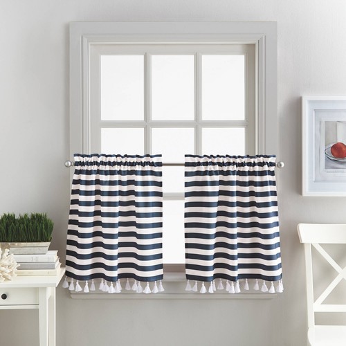 Better Homes Stripes and Tassels Kitchen, Tailored Tier Pair Navy 58" x 36" - Picture 1 of 1