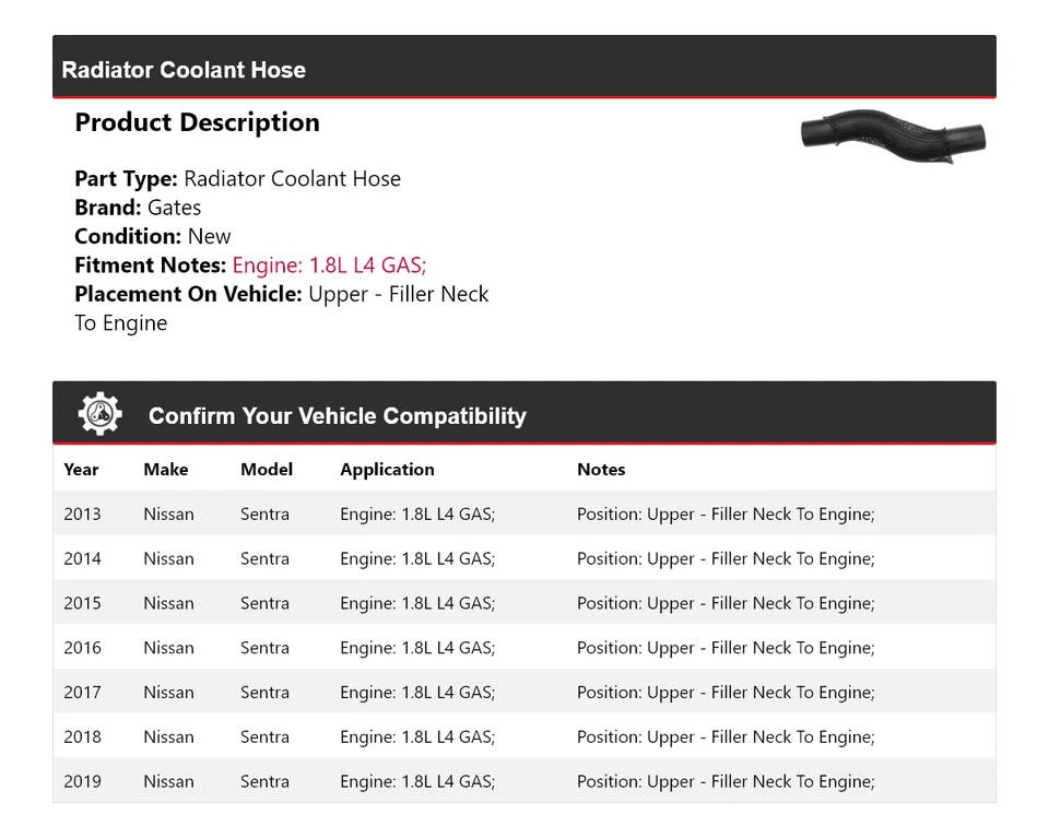 Puertas de manguera de refrigerante de radiador para Nissan Sentra 2013-2019 2014 2015 2016 2017 2018 Foto 2 de 3