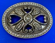Clear Rhinestone Boarder Heart Shaped Openwork Silver Color Oval Belt Buckle
