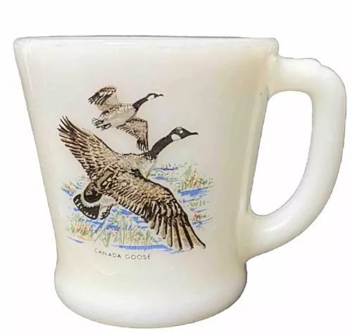 Vintage Fire King Milk Glass Mug Coffee Tea Cup Canada Goose Bird Wildlife White