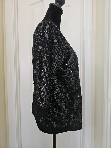 Chico's Cardigan Black Sequin Sweater 1 Button Closure Size 1/M Party Formal - Picture 3 of 7