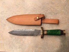 Large Damascus Dagger Museum Piece with hand sewn leather sheath Emerald colors