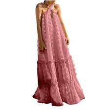 Women's Summer Crossover Halter Neck 3D Posy Floral Tiered Swing Maxi Long Dress