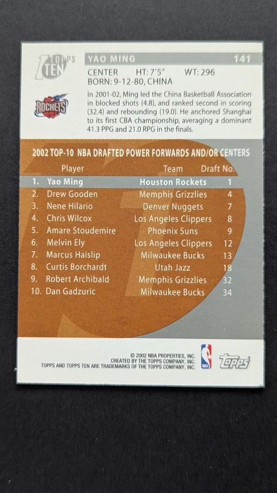 2002-03 Topps Ten #141 Yao Ming Rockets RC Rookie (B) - Image 2 of 2