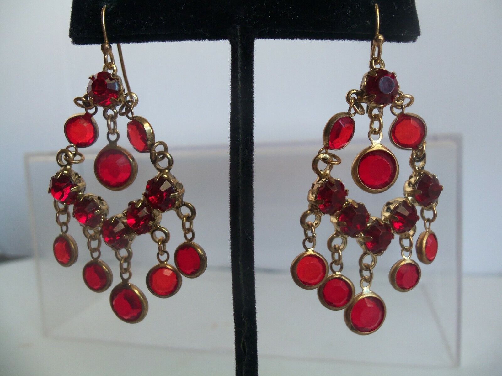 Vintage Red Bezel Crystal Dangle drop Pierce Earr… - image 1