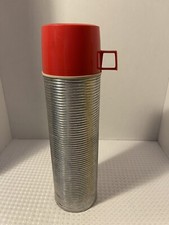 Vintage Thermos Model 2484H Red Top Aluminum Ribbed Vacuum Bottle Quart USA