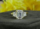 Emerald & Tapered Baguette Cut Moissanite Three Stone Engagement Ring 925 Silver