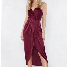 Burgundy Satin Slit Midi Dress L Y2K Party Cocktail Vampy Evening Wear