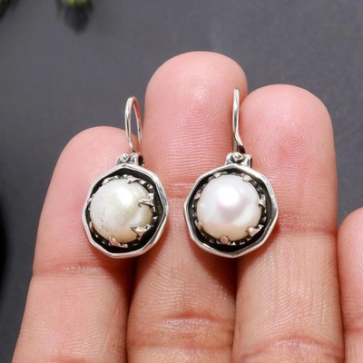 925 Sterling Silver Round Pearl Dangle Women Bridal Shower Earrings