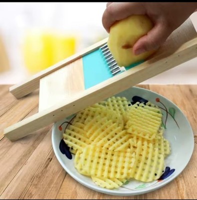 Wooden Mandoline Slicer Wavy Blade Vegetable Cutter for Waffle Fries Crinkle Cut