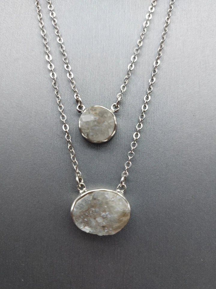 Signed Loft Double Chain and Pendant Necklace Drusy White & Gray 16 & 18 Inch - Image 4 of 4