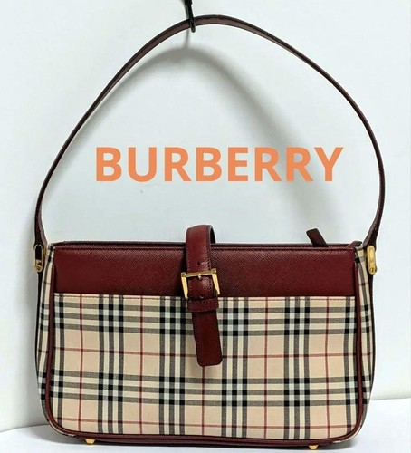 Burberry Nova Check Canvas Leather Shoulder Bag Beige Red Gold Hardware Used