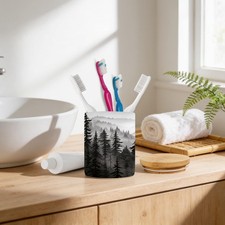 Winter Pine Ceramic Toothbrush Holder - Bamboo Lid - Makeup Brush Cup
