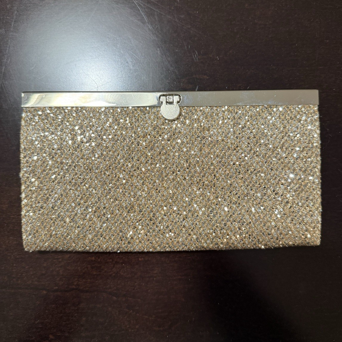 Bebe Gold Glitter Metallic Clutch Evening Bag Clasp Closure Party Formal