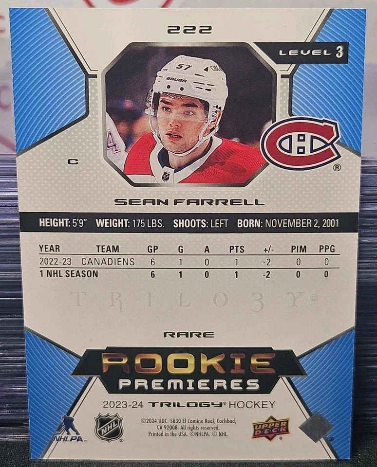 23-24 Trilogy Sean Farrell Rookie Premieres Level 3 #/299 🚨🚨🚨 Montreal  - Image 4 of 4
