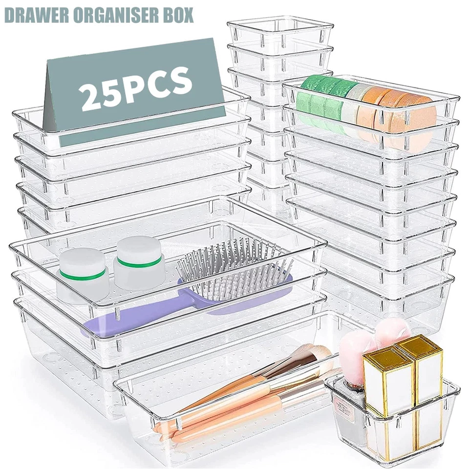 25 Pcs Draw Organizer Box Desk Drawer Fridge Tray Makeup Storage Plastic Divider - Image 2 of 4
